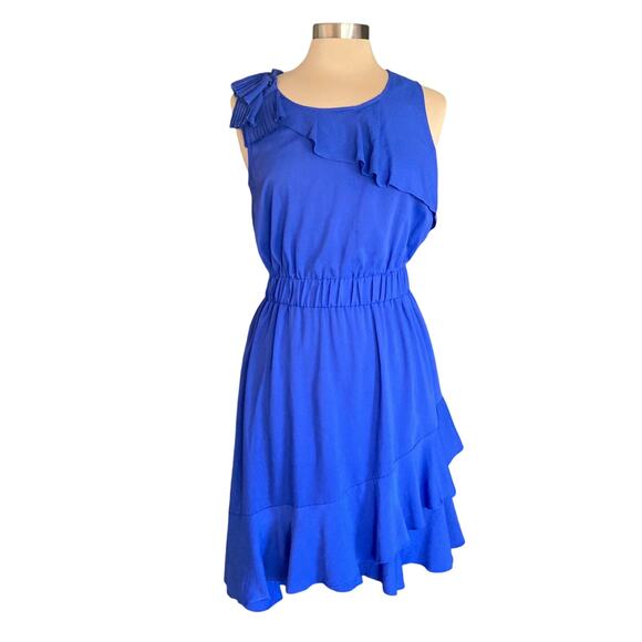 Doe & Rae Cobalt Blue Ruffled Dress Sz LARGE Pleated Accents Party Date Night - Picture 1 of 12